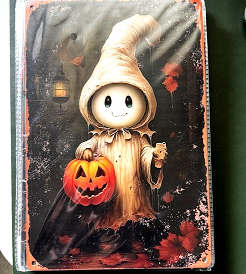 REDUCED-Little Ghost- cute fall /halloween  Wall Decor - 2D Metal Sign- 8x12 NEW