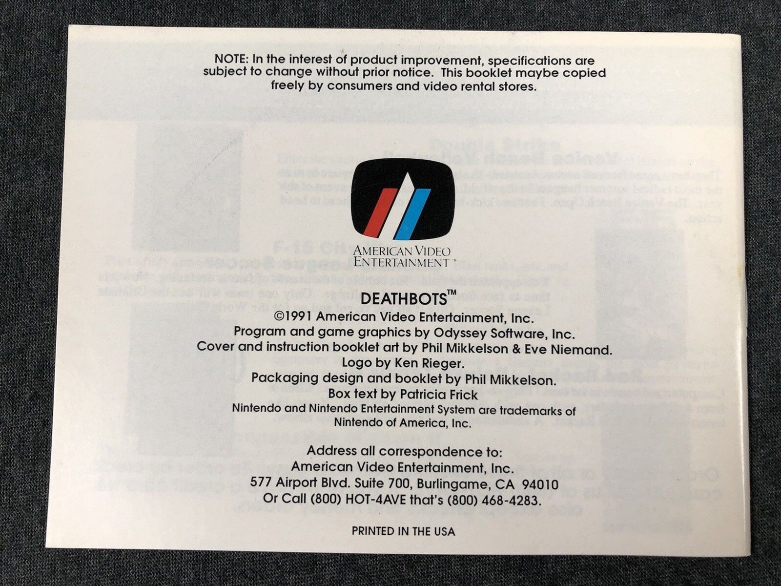 DEATHBOTS ( Nintendo NES ) Manual Only - Very Good - SAFE SHIP!