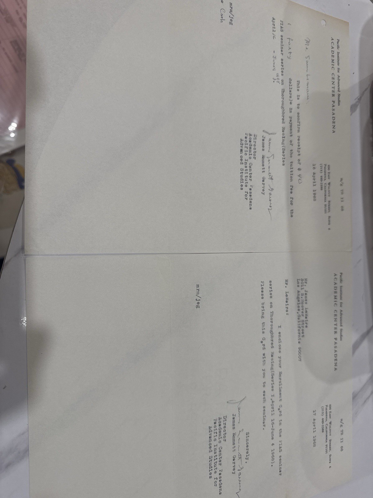 1968 Pacific Institute Pasadena Thoroughbred Racing Certificate Letters Archive