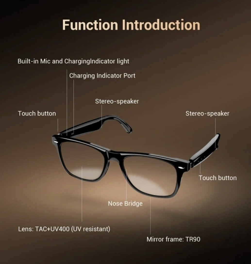 bluetooth speaker glasses - clear lens, black frame