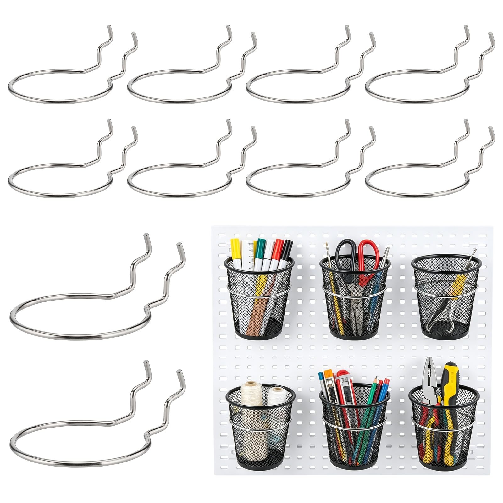 10Pcs Pegboard Hooks Cup Holder Rings for Organizer 2.5" W Metal J Shape Acce...