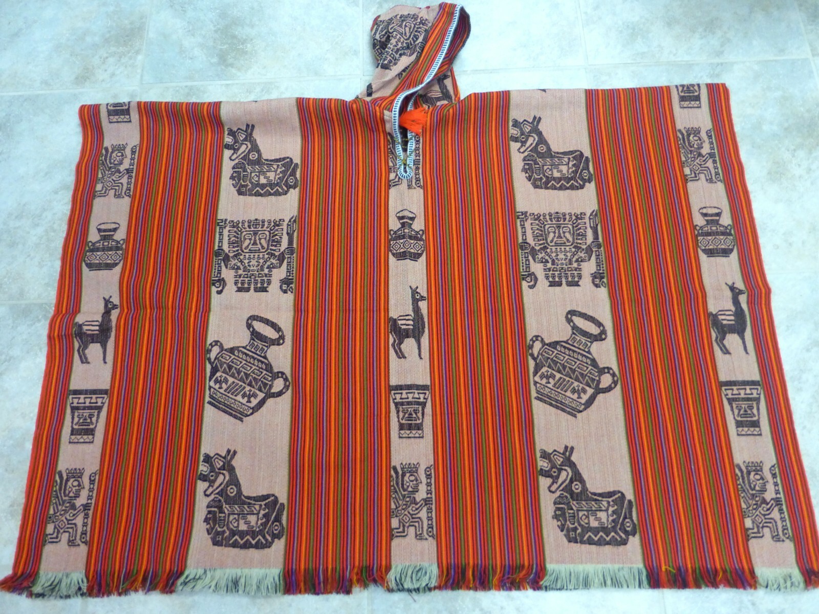 Andean Shamans Hooded Orange Tones with Colored Designs Poncho