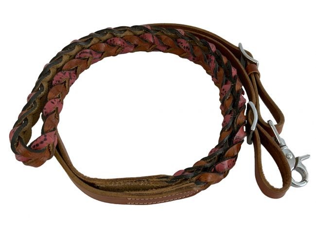 Showman Miracle Braid Leather Contest/Roping Rein w/ Pink Accent