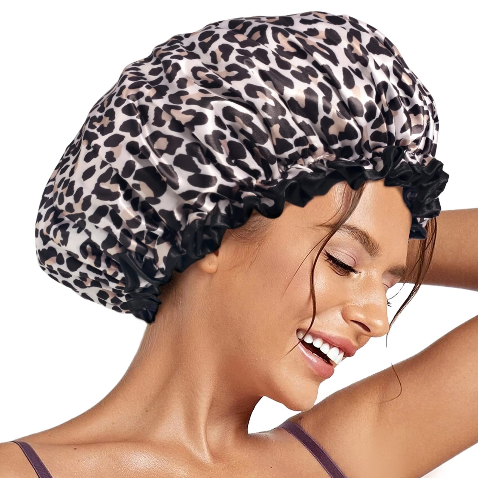 Reusable Waterproof Shower Cap for Women, Men  Kids - Leopard Print