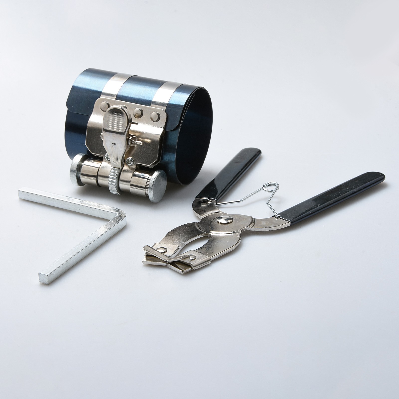 Compact Piston Ring Compressor Tool Set with Pliers & Wrench for Engine Overhaul
