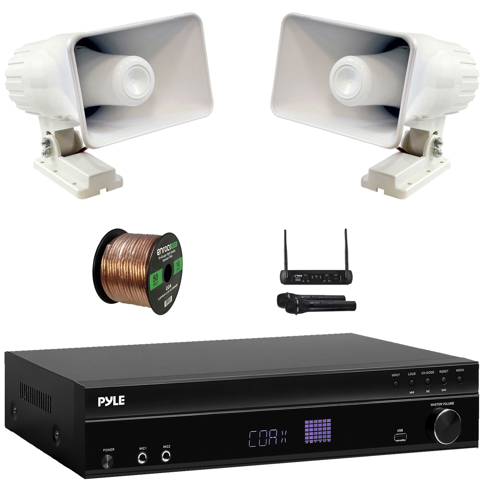Pyle 1000W Max Karaoke Receiver, 2x 6'' 50W PA Horn Speakers + Wireless Mic