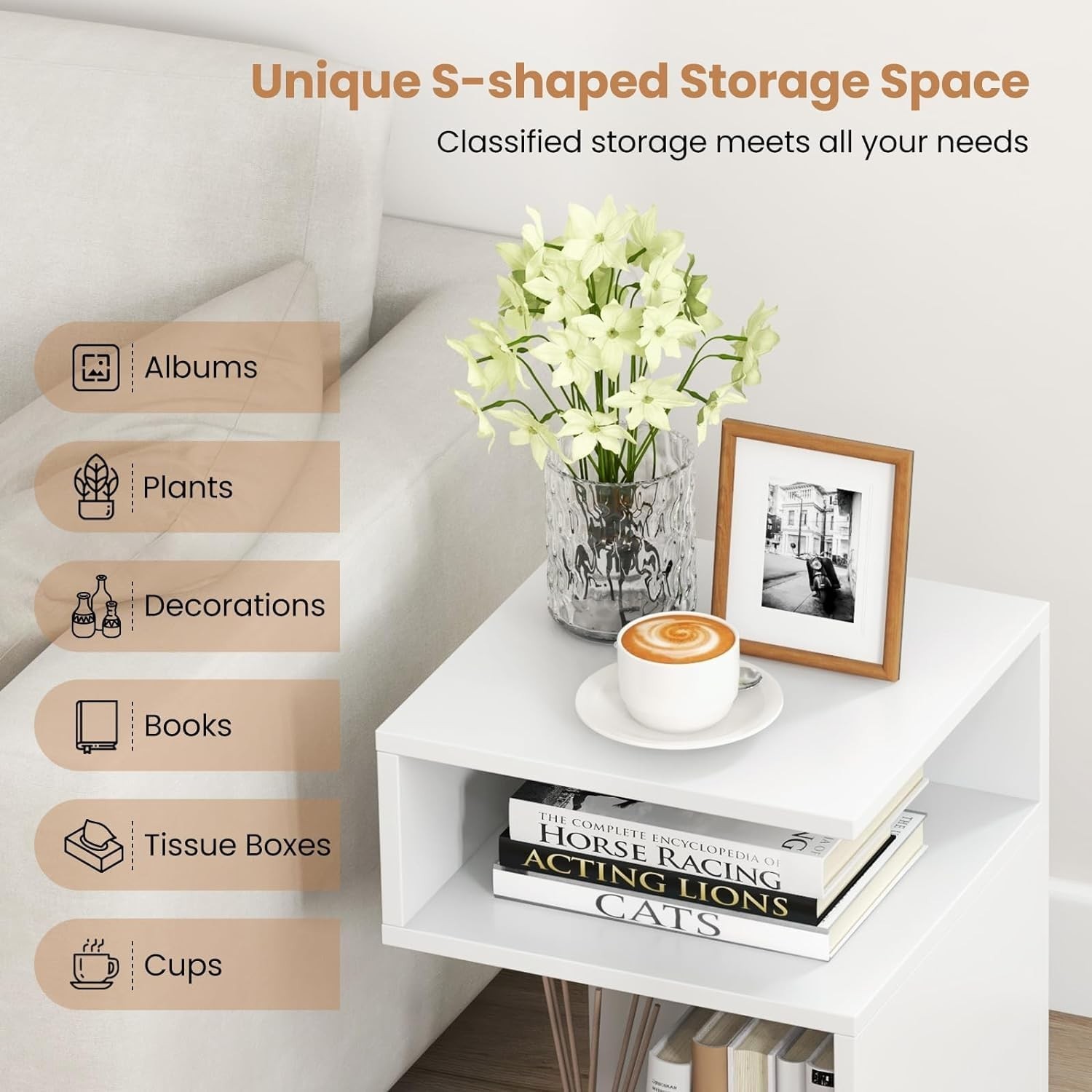HOMGX S-Shaped End Table, 3-Tier Side Table w/ 2 Open Storage Compartments & ...