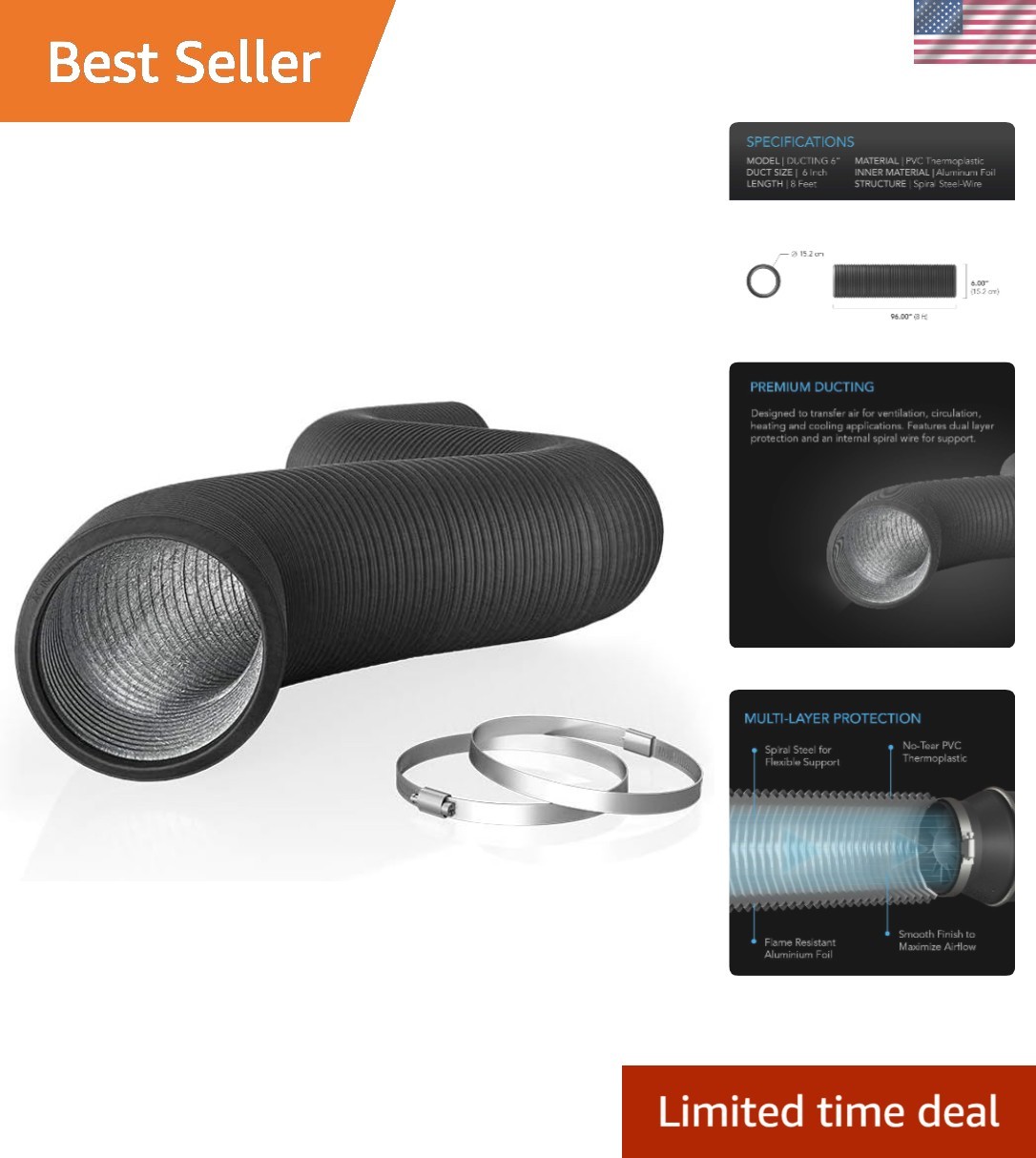 8-Foot Flexible Aluminum Ducting - 6-Inch with Four-Layer Protection