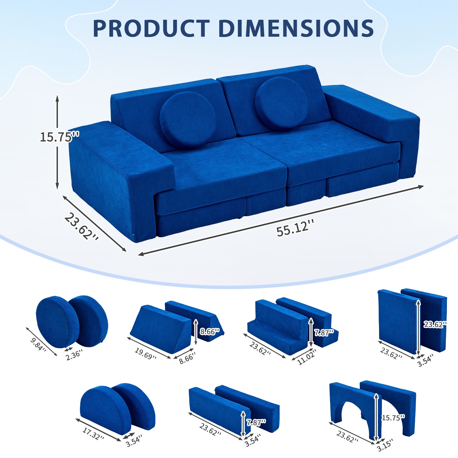 14-Piece Modular Kids Sofa All-Sponge Construction Blue Corduroy Free
