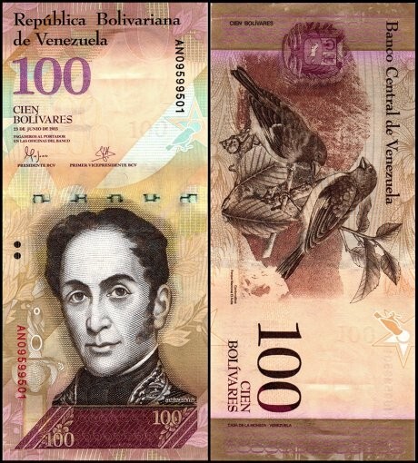 Banknote - 2015 Venezuela, 100 Bolivares, P93i UNC, Bolivar (F) Birds (R)