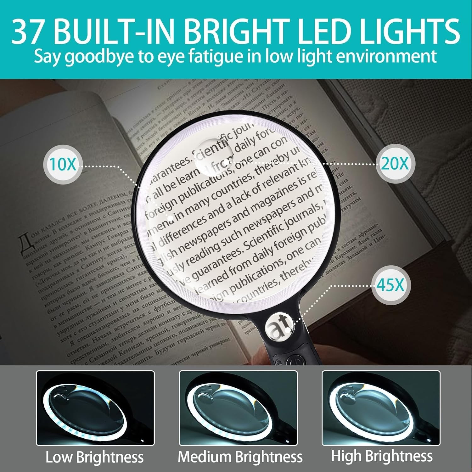 Large Magnifying Glass with 37 LED Light, 10X 20X 45X Handheld Illuminated Li...
