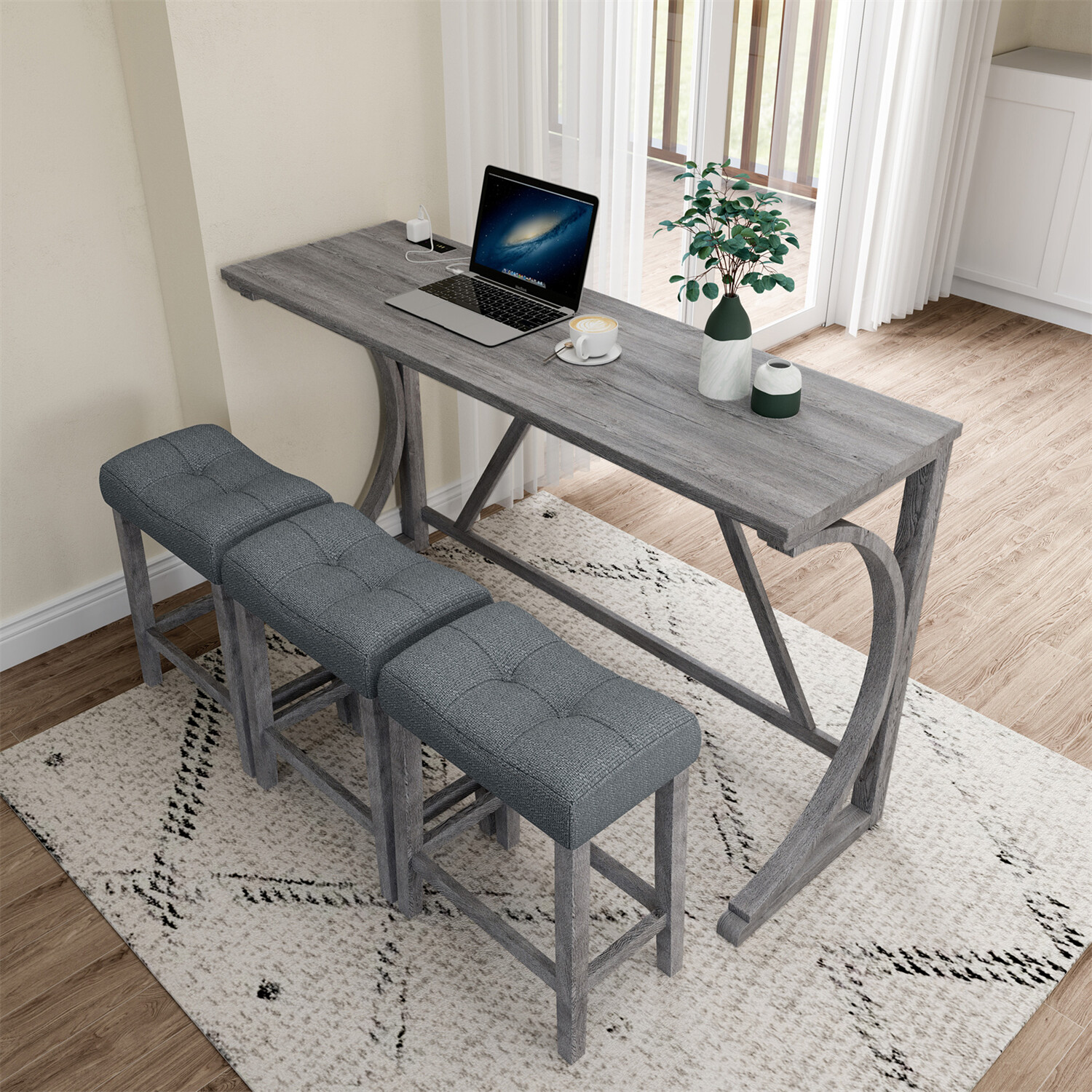 4 Piece Bar Table Set Counter Height Kitchen Dining Table with 3 Bar Stools US