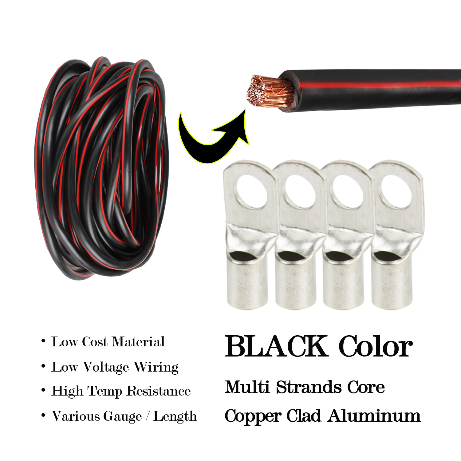Black Power Ground Wire 1/0 Gauge Truck RV Battery Welding Cable & Lug Connector