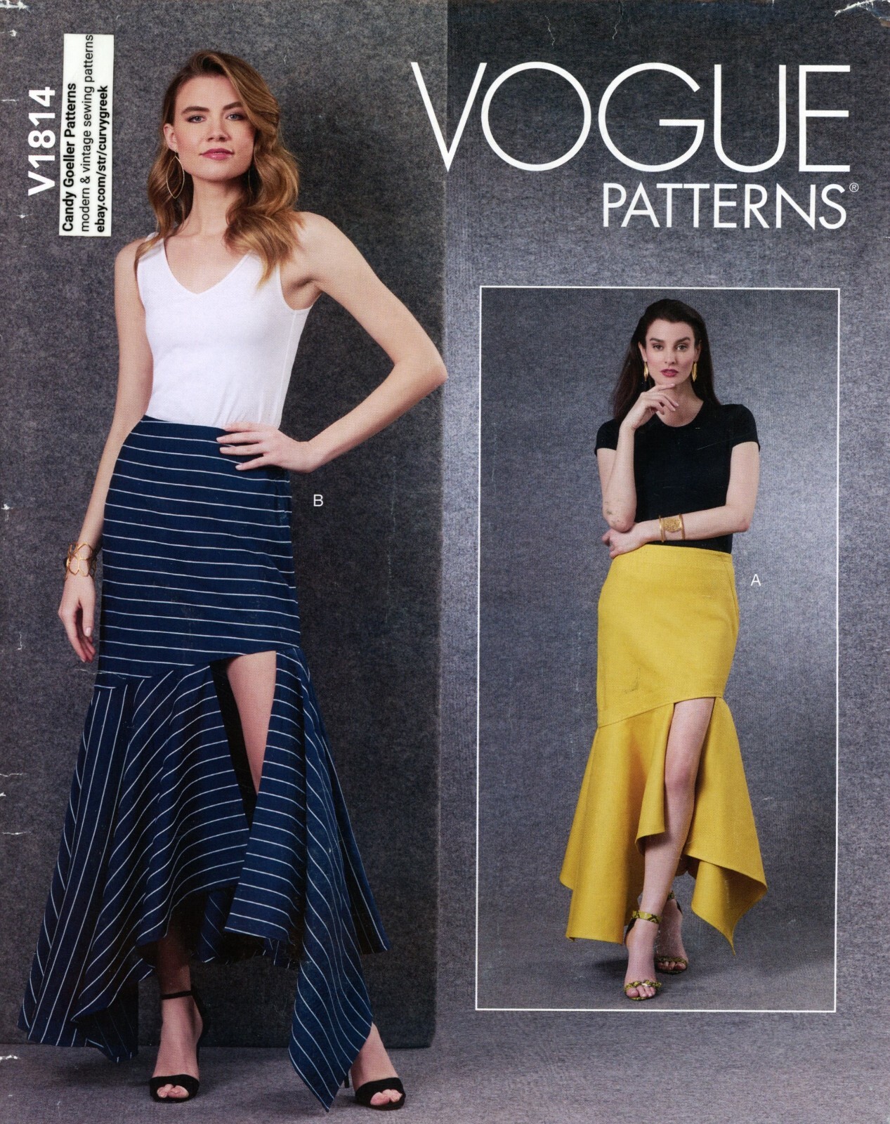Vogue V1814 Skirt w Fluid Asymmetric Hem, Front & Back Deep Slit Sz 8-16 UNCUT