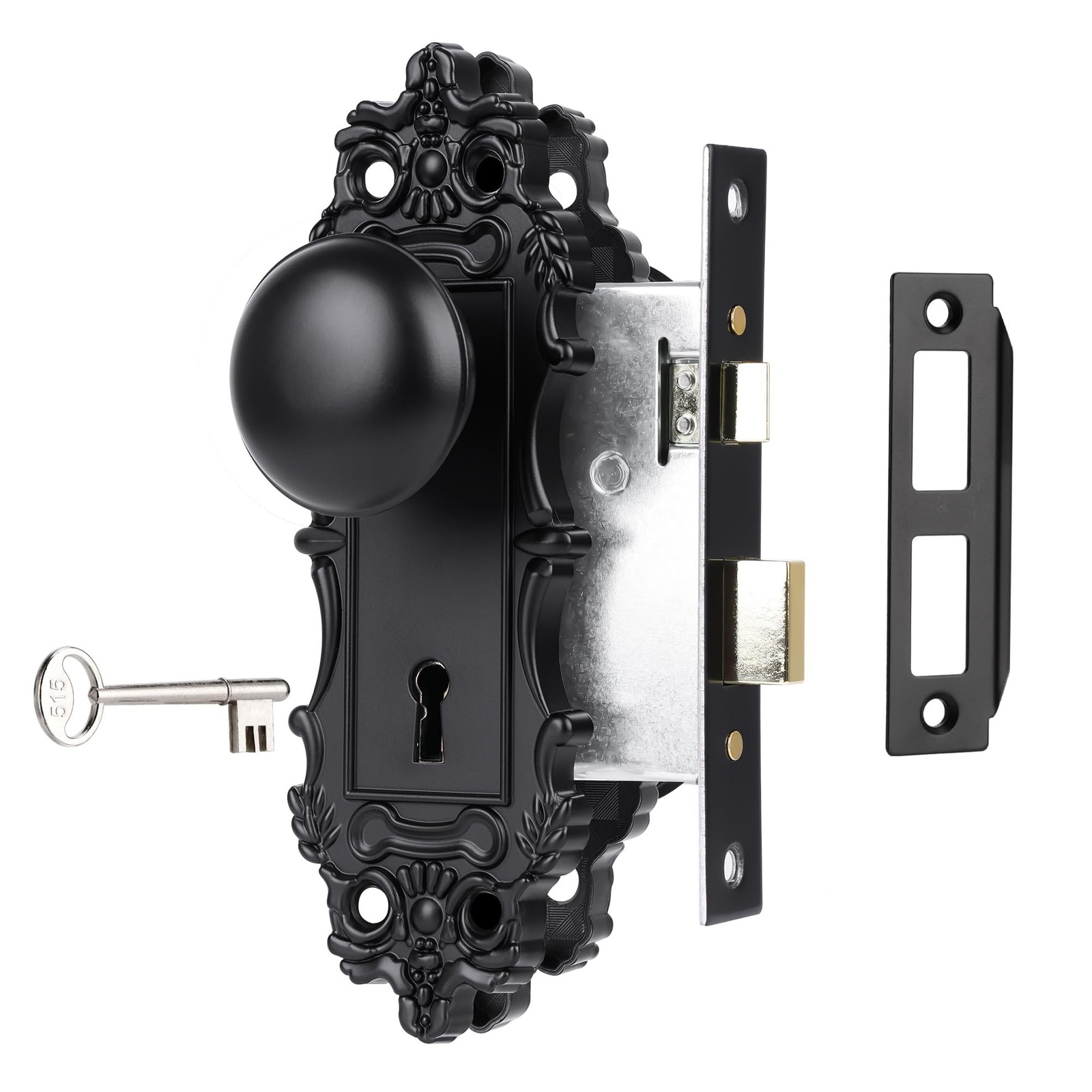 Mortise Lock Set for Interior Door, Matte Black Door Knob with Lock and Skele...