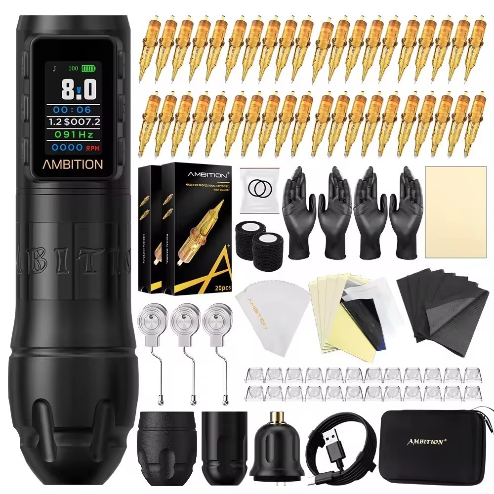 Ambition Vibe Max Full Kit Stroke Wireless Tattoo Pen Machine 40pcs Cartridges