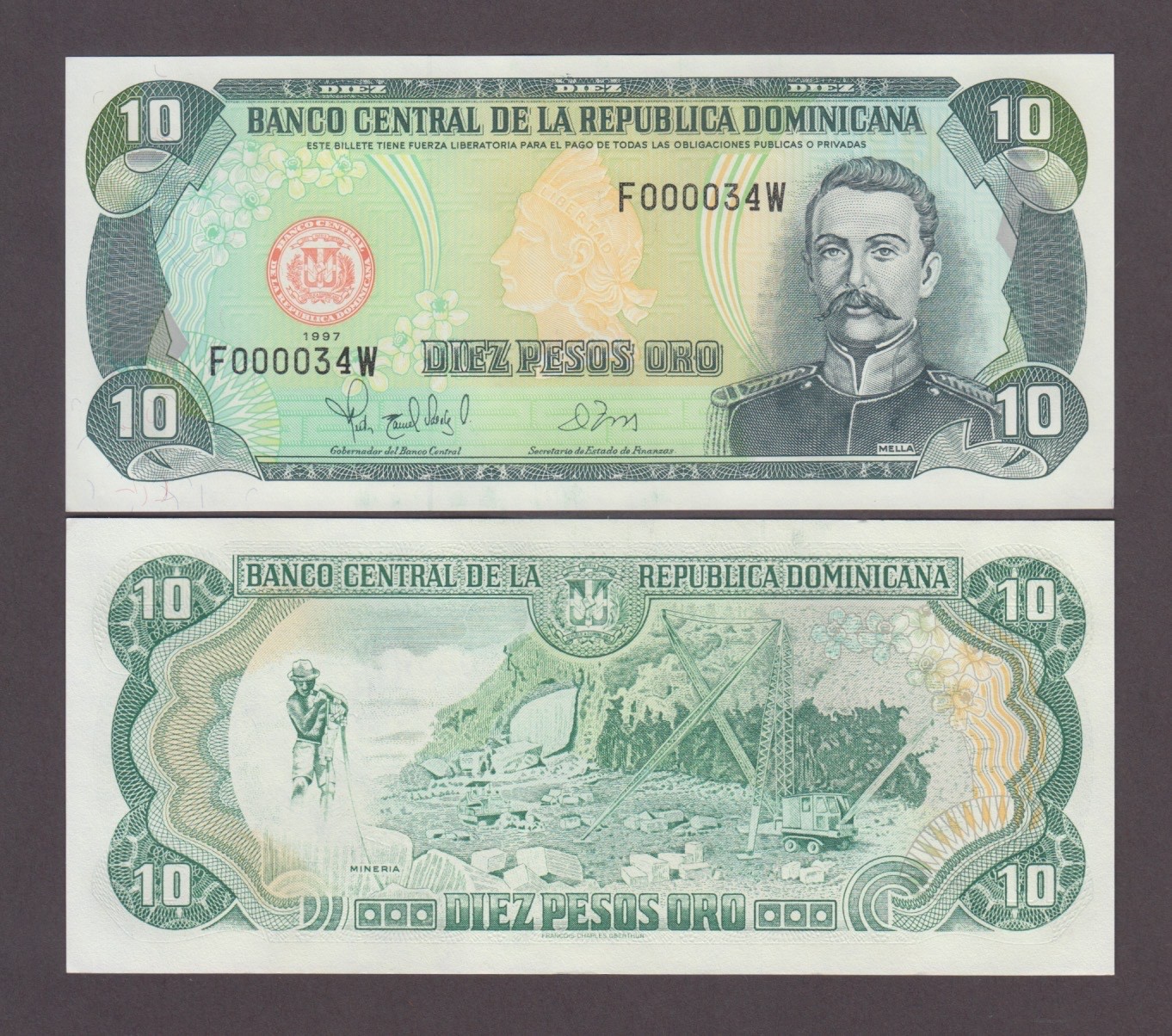 DOMINICAN REPUBLIC P.153  10 PESOS ORO 1997 VERY LOW S/N  UNC WE COMBINE  2605
