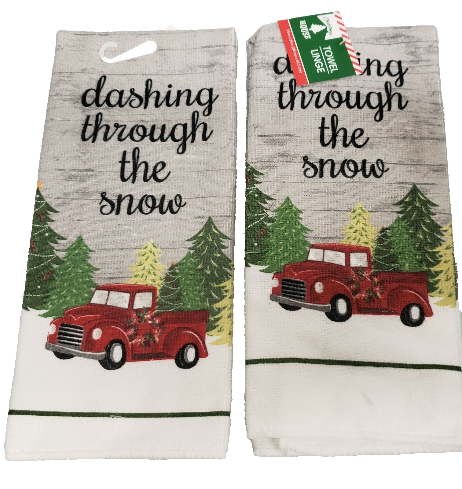 2 PRINTED MICROFIBER TOWELS,WINTER, CHRISTMAS,RED TRUCK, DASHING THROUGH SNOW,CH