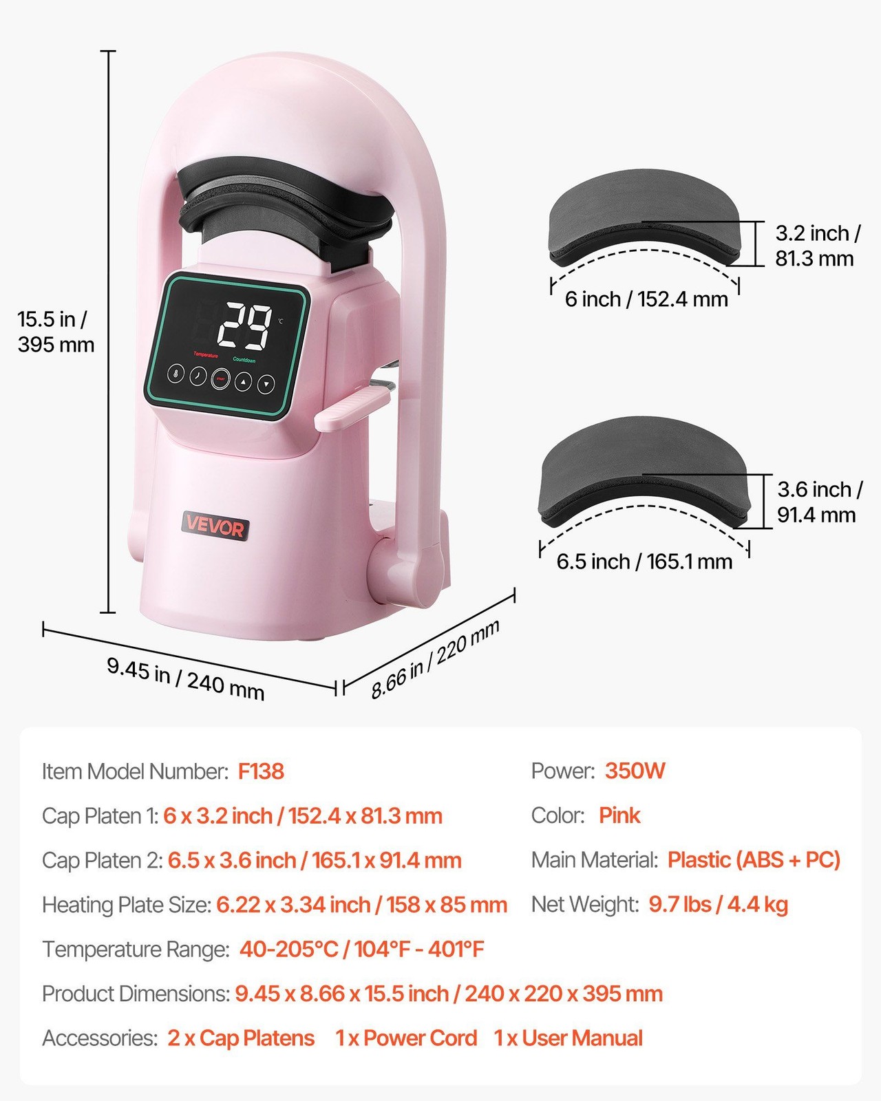 Touchscreen Hat Heat Press Pink - Auto Machine w/2 Interchangeable Platens