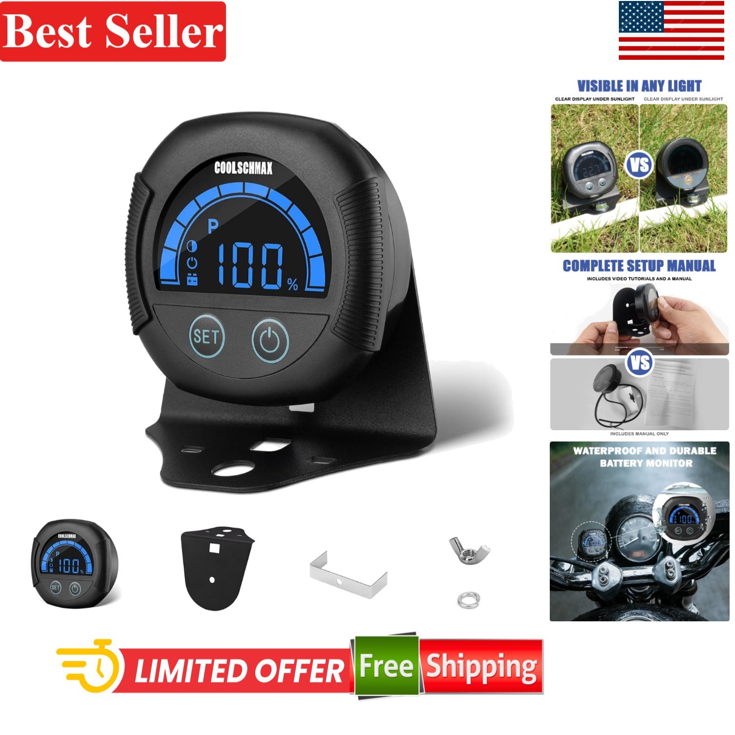 Battery Voltmeter Waterproof 7V-100V for Lithium Lead-Acid Batteries Sunlight...