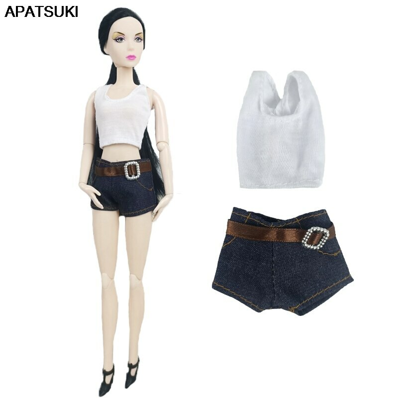 White Tops + Short Jean Pants Fashion Doll Clothes for 11.5" Doll Outfits 1/6