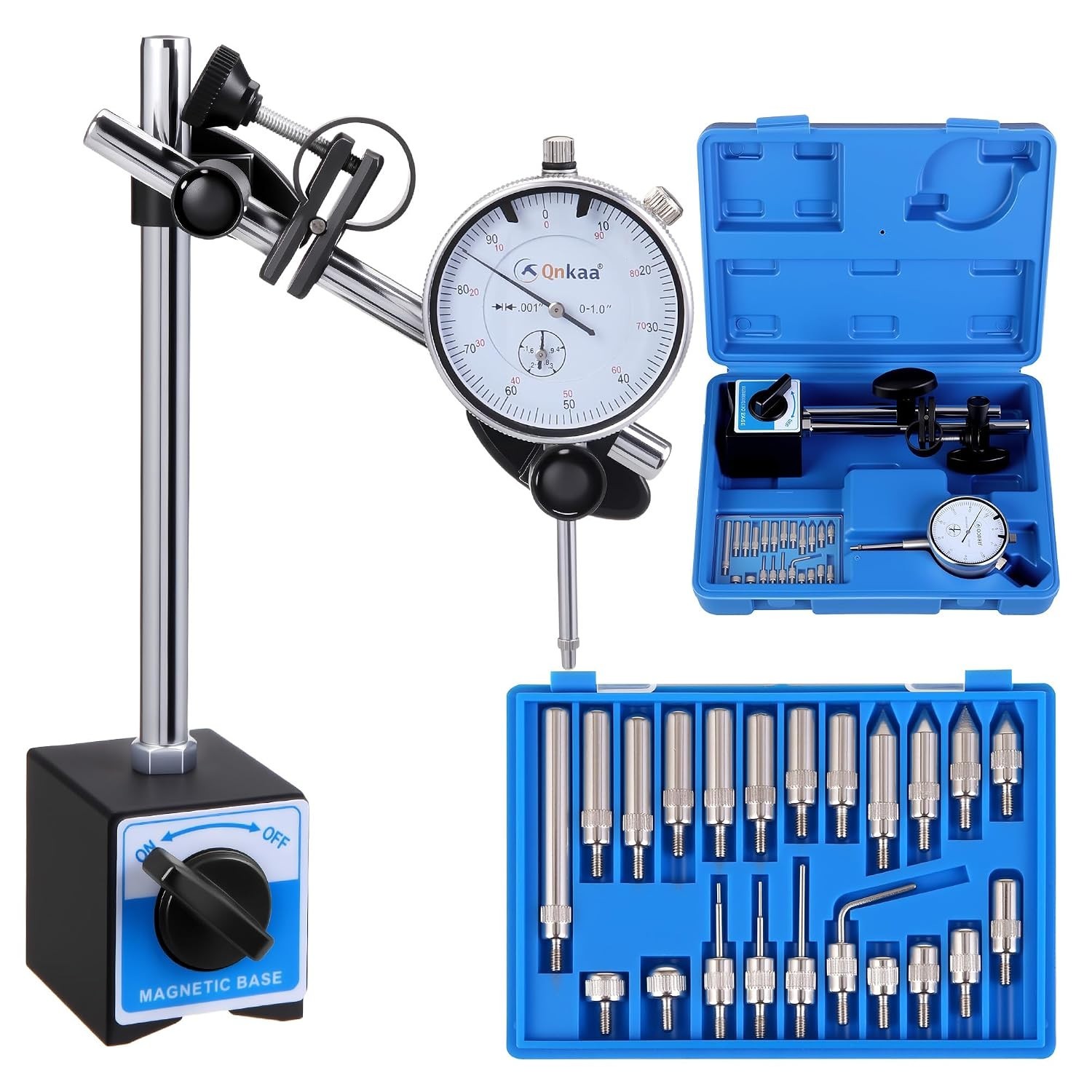 Qnkaa Dial Indicator with Magnetic Base Holder Fine Adjustable Long Arm 0-1"...