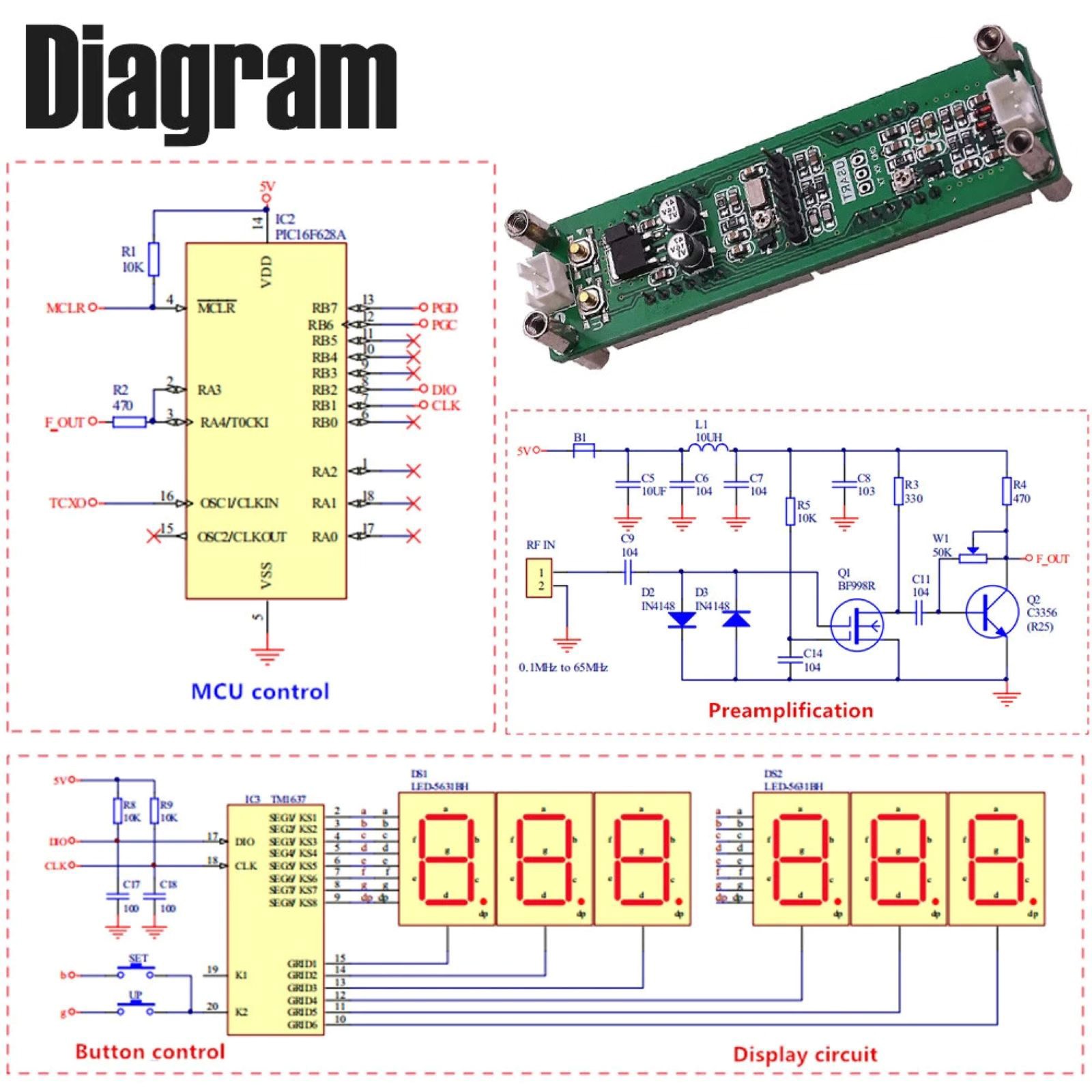 Double Button Control Cymometer 0.1MHz~65MHz 6-Digit Simple Operation Auto Save