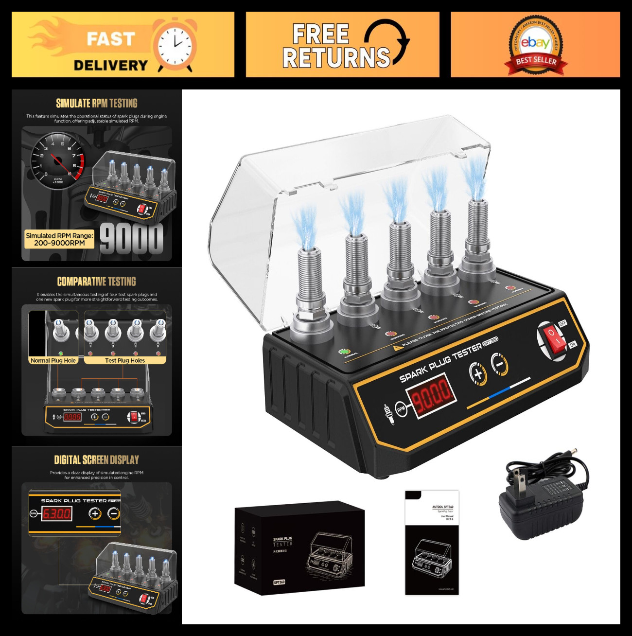 Adjustable 5-Hole Spark Plug Tester for 12V Vehicles & Motorcycles, Digital RPM