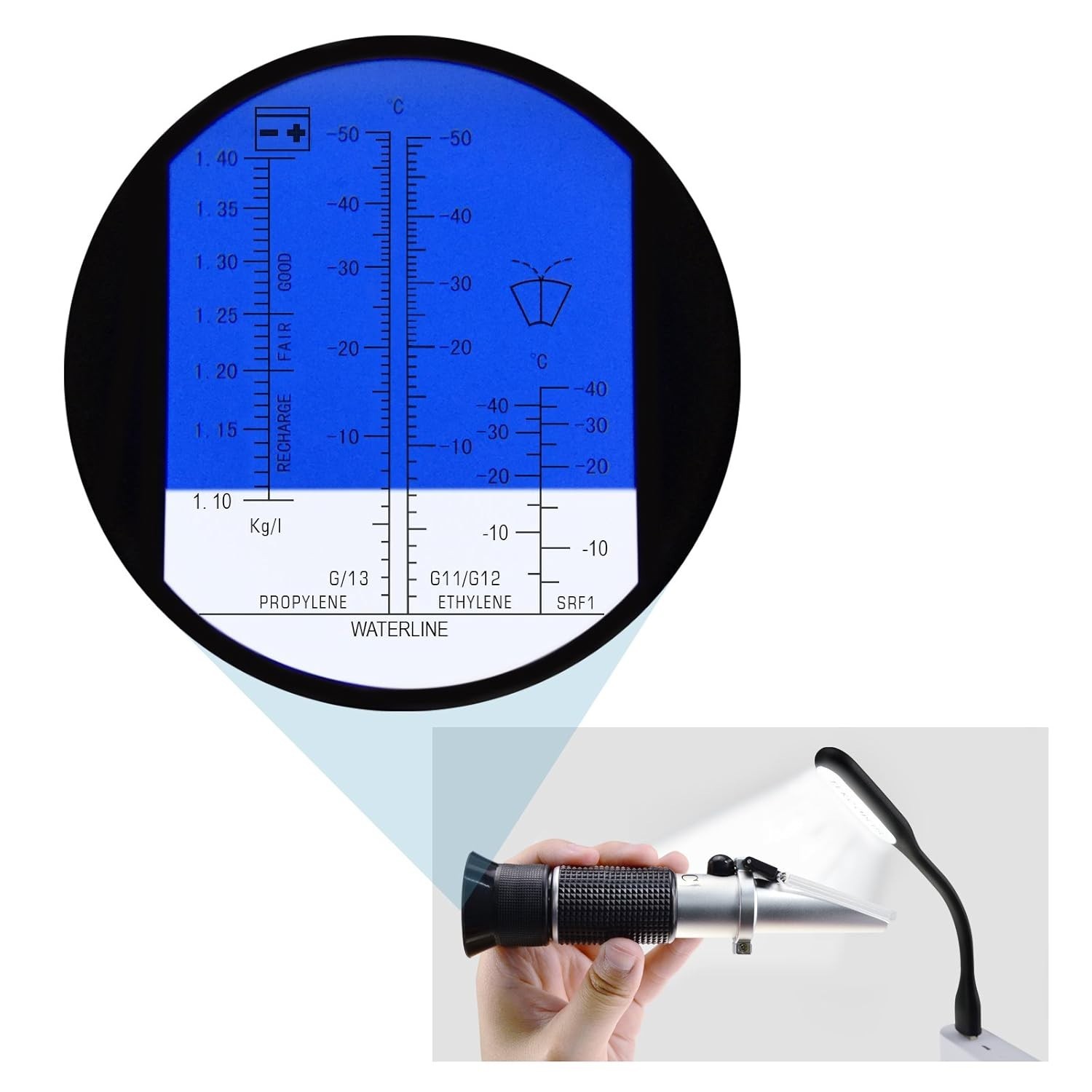 Precision Antifreeze Refractometer with Large Scale & USB LED Light for Testing