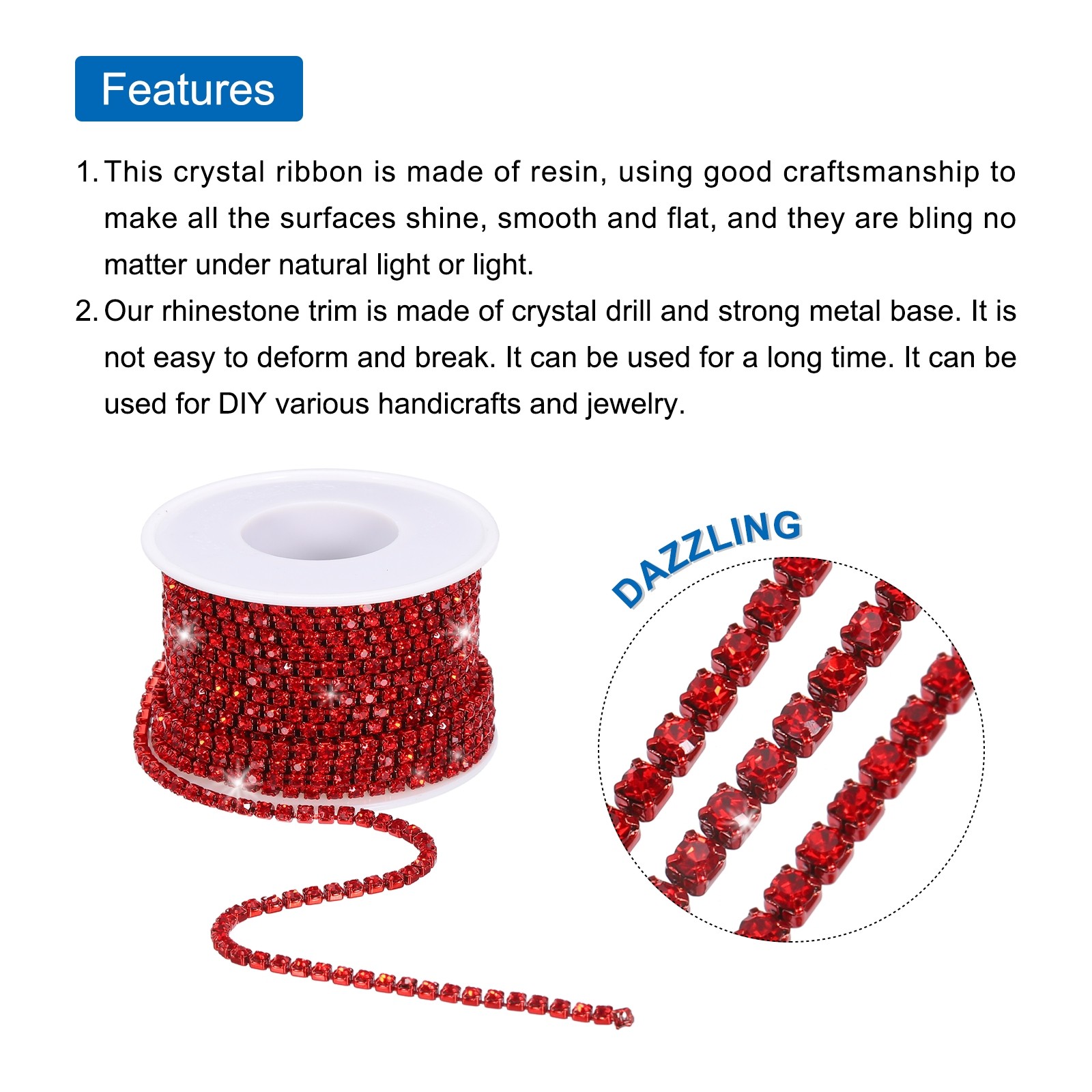 10 Yard 3mm Crystal Rhinestone Chain Trim Red Gems Red Base