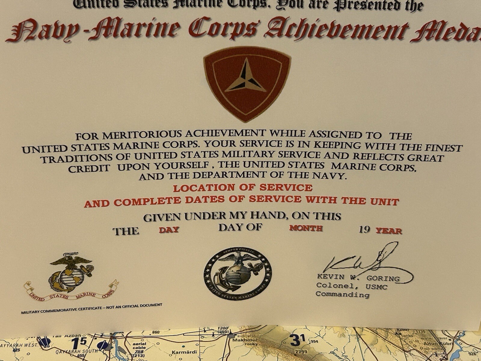 U.S.M.C. / NAVY ACHIEVEMENT MEDAL CERTIFICATE - 3RD MARINE DIVISION
