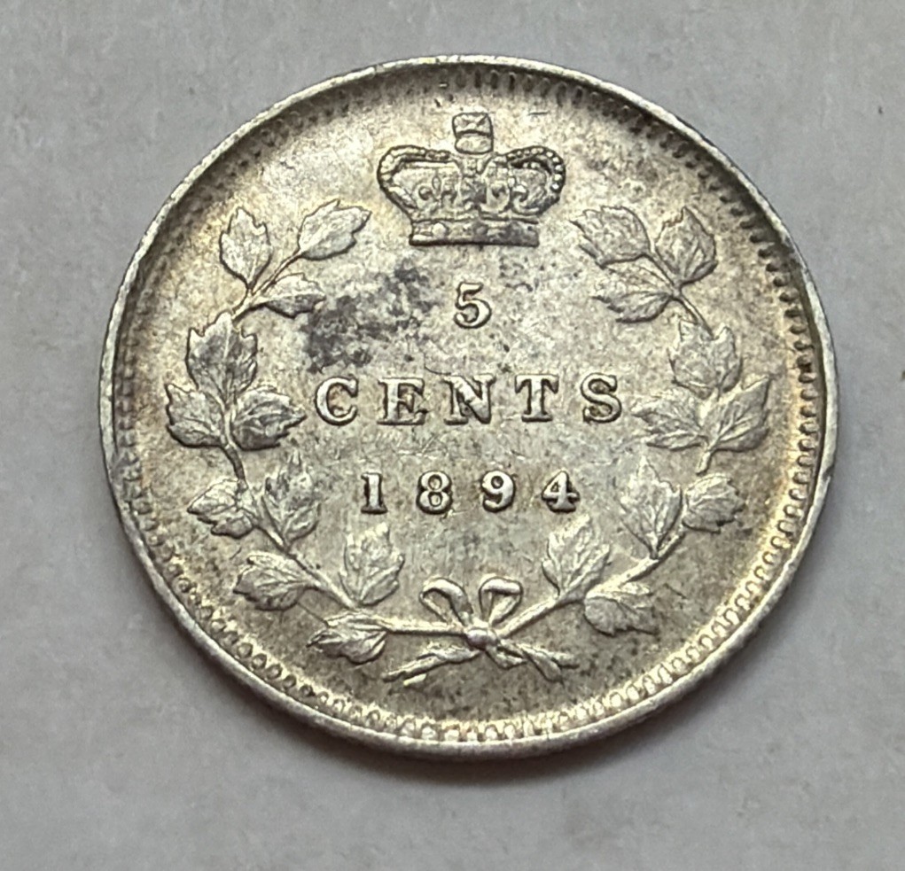 1894 Canada 5 Cents .925 Silver Coin Low Mintage Queen Victoria - AU Details