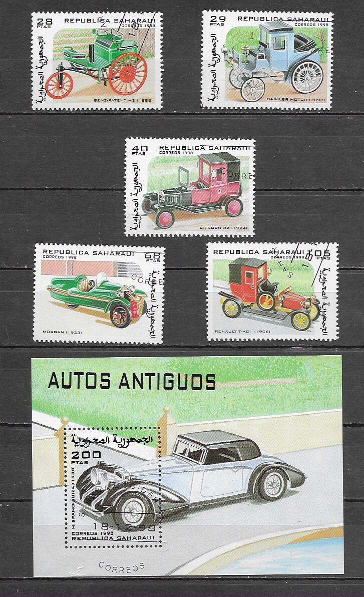 Republica Saharaui Set of 5 Stamps Plus Souvenir Sheet of Antique Cars  W-48