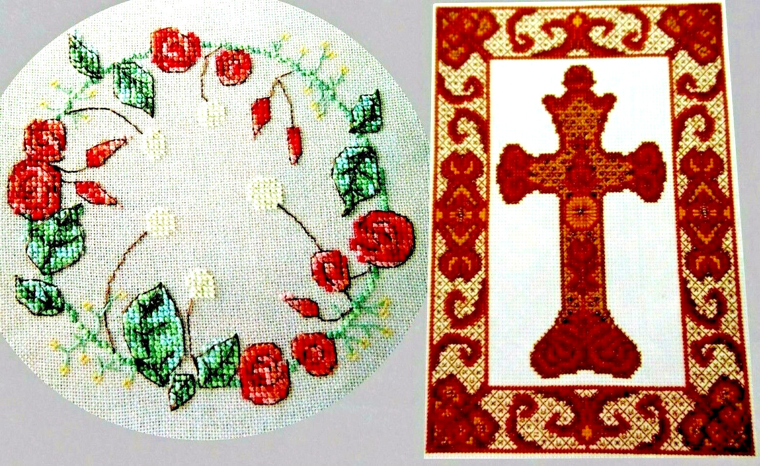 Floral Wreath of Blooms Antique Beaded Cross CROSS STITCH PATTERNS