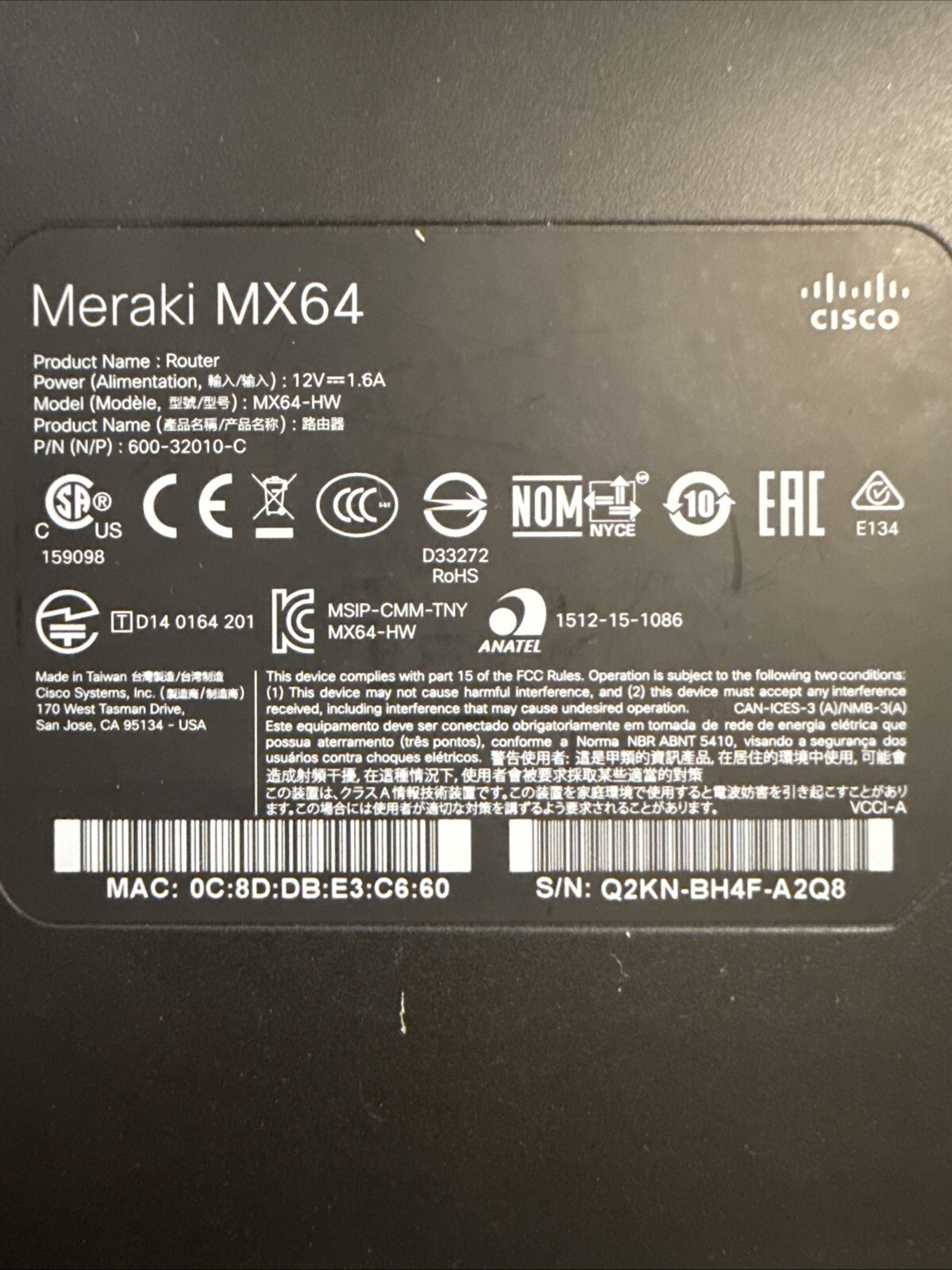 Cisco Meraki MX64 Cloud Managed Firewall