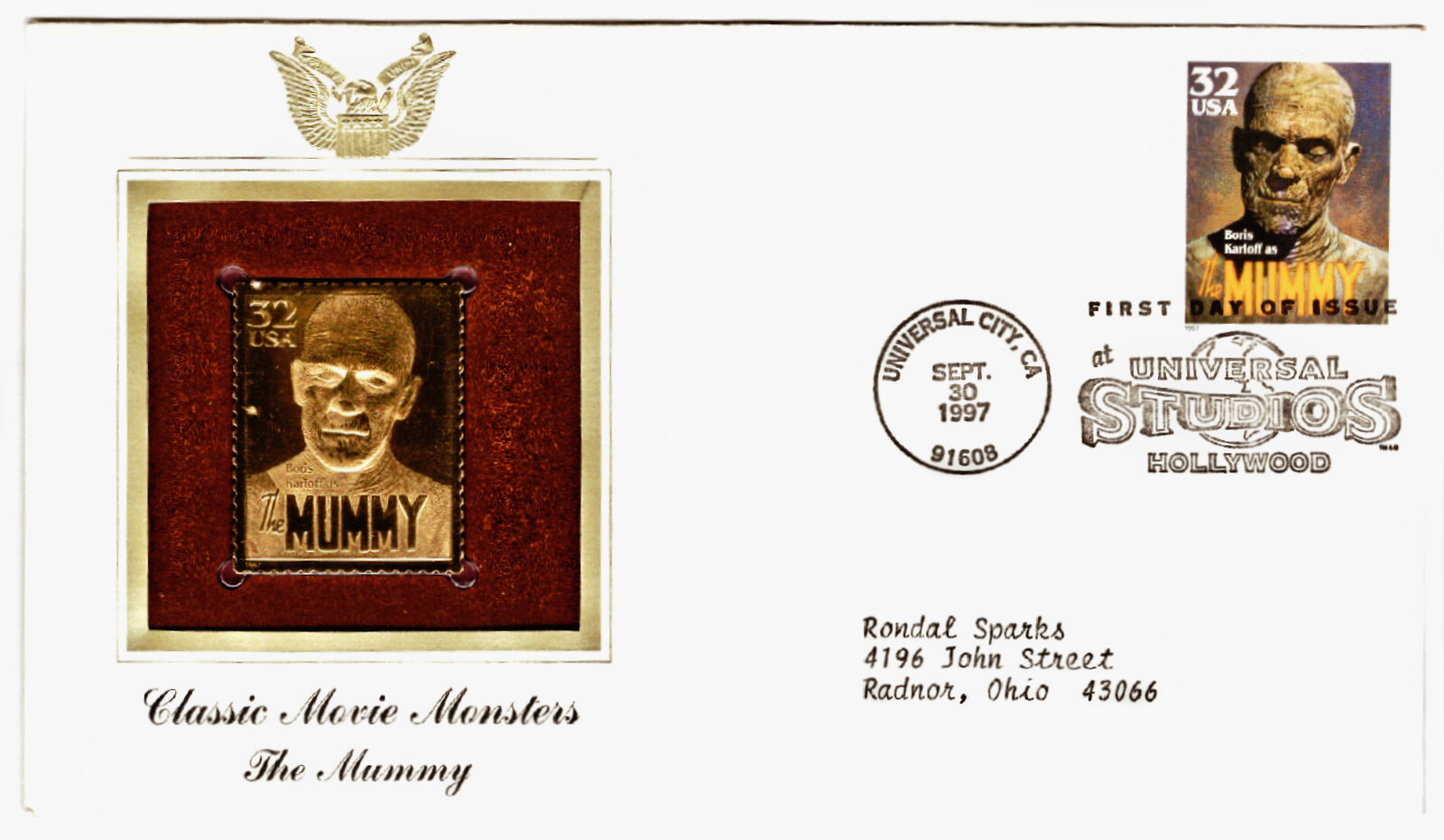 Boris Karloff as the Mummy, First Day Cover, 32¢ stamp, Scott 3171, issued 1997