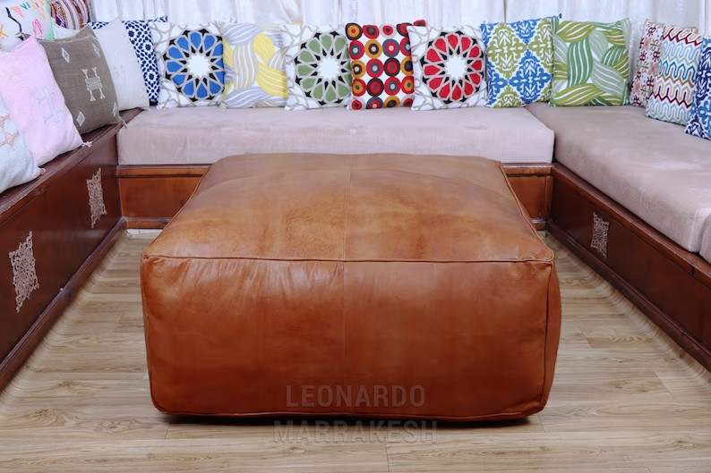 Moroccan brown leather pouf – High-quality footstool made of genuine leather