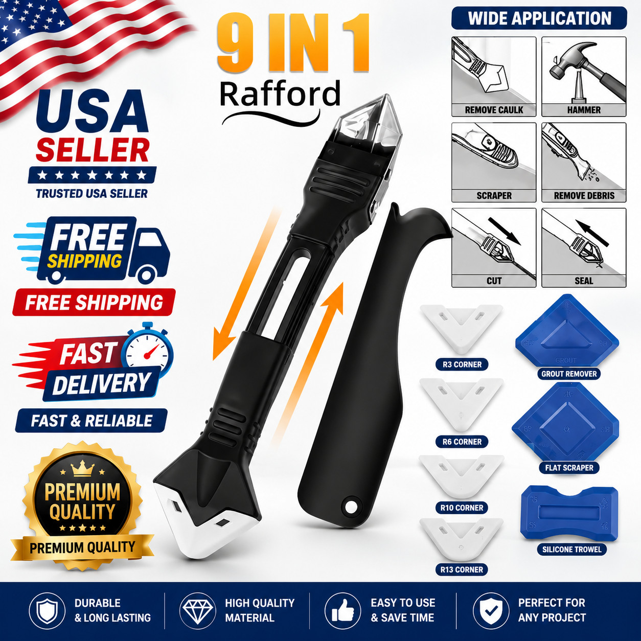 5 in 1 Metal Head Shovel Glue Tool Kit: Silicone Spatula, Caulk Remover, Grout