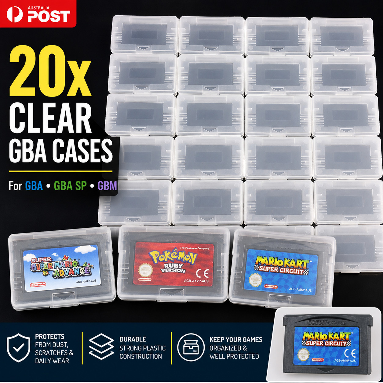 20x Clear Game Cartridge Storage Cases For Nintendo GBA SP GBM Game Boy Advance
