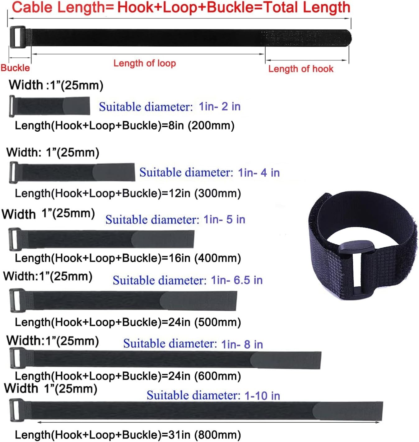 10-Pack Reusable Self-Adhesive Nylon Cable Straps - Adjustable & Tidy 1" x 8"