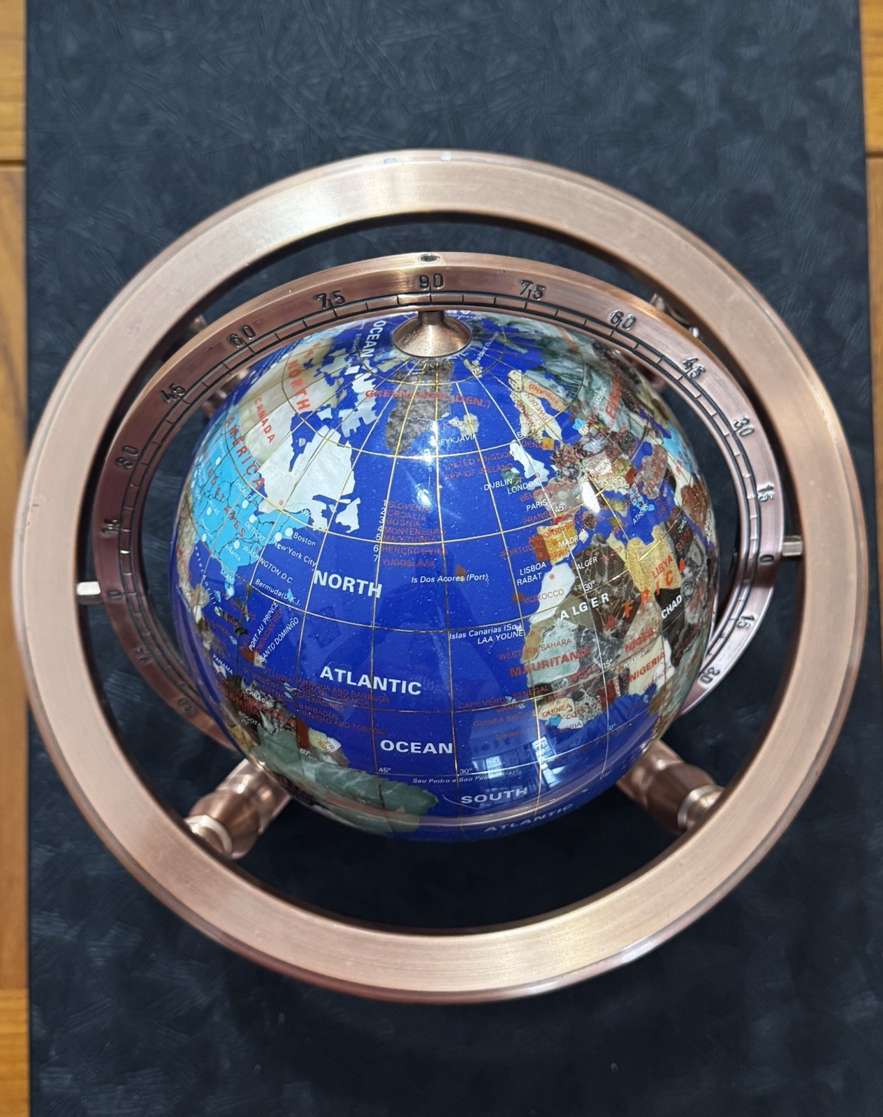Semi-Precious Gemstone Globe 9” In Copper Tone Stand with Compass