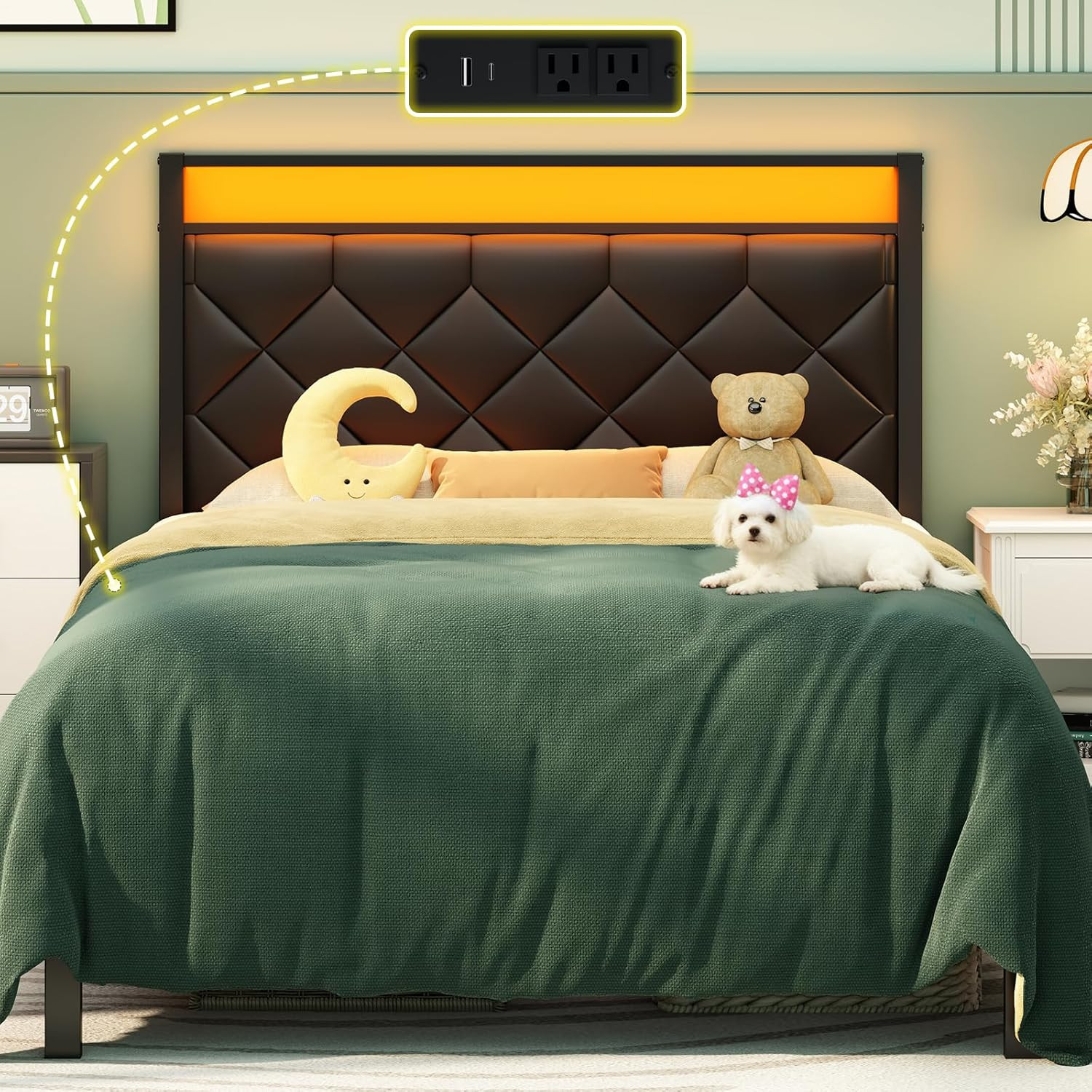 Twin Bed Frame with Charging Station, LED Light and PU Leather Upholstered Headb