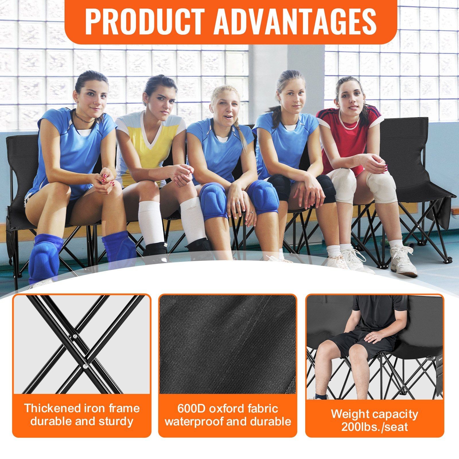 39x17x32.9in foldable team bench for 6 w/oxford fabric, pockets, carrying bag