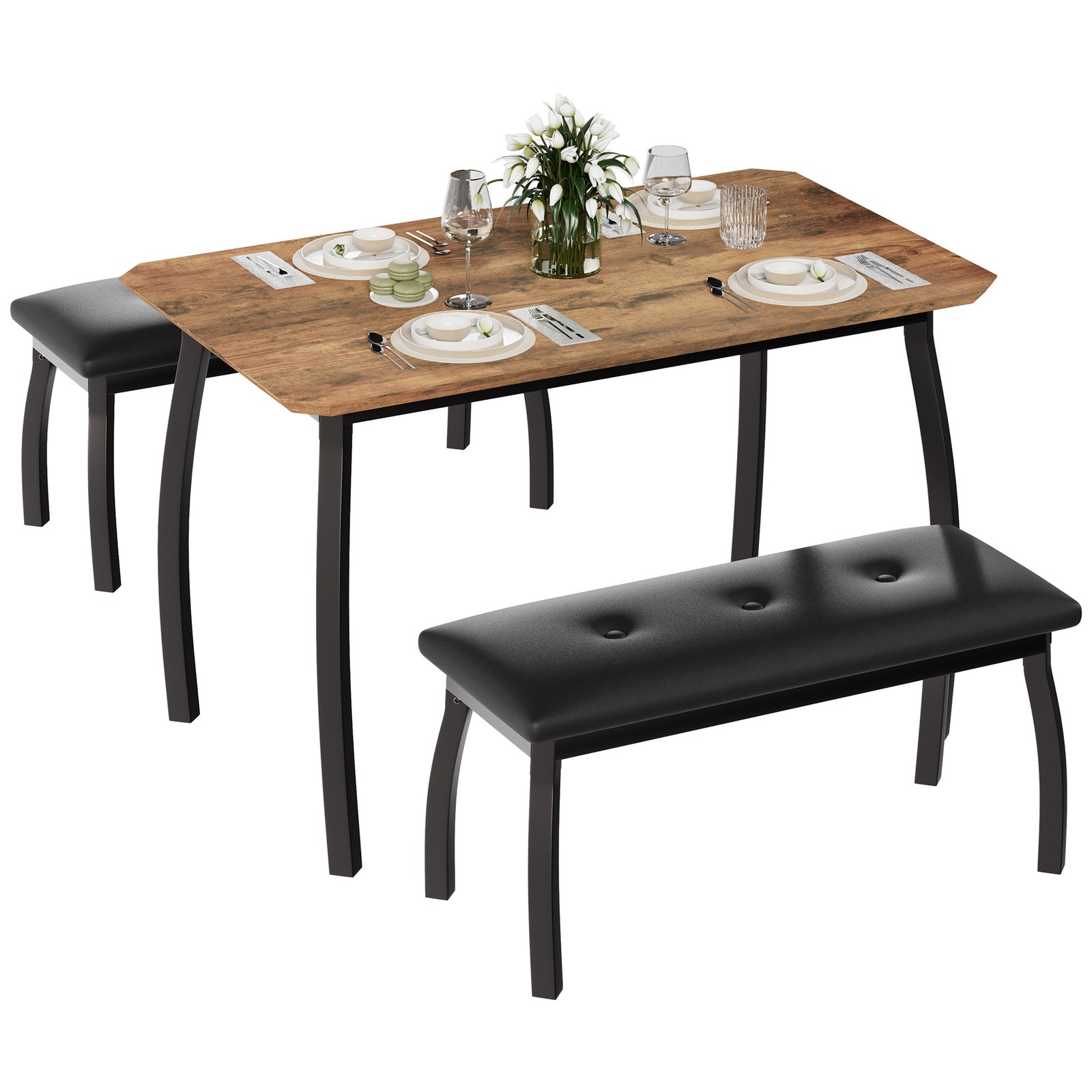3-Piece Space-Saving Dining Table Set Modern Wooden Table & Upholstered Benches