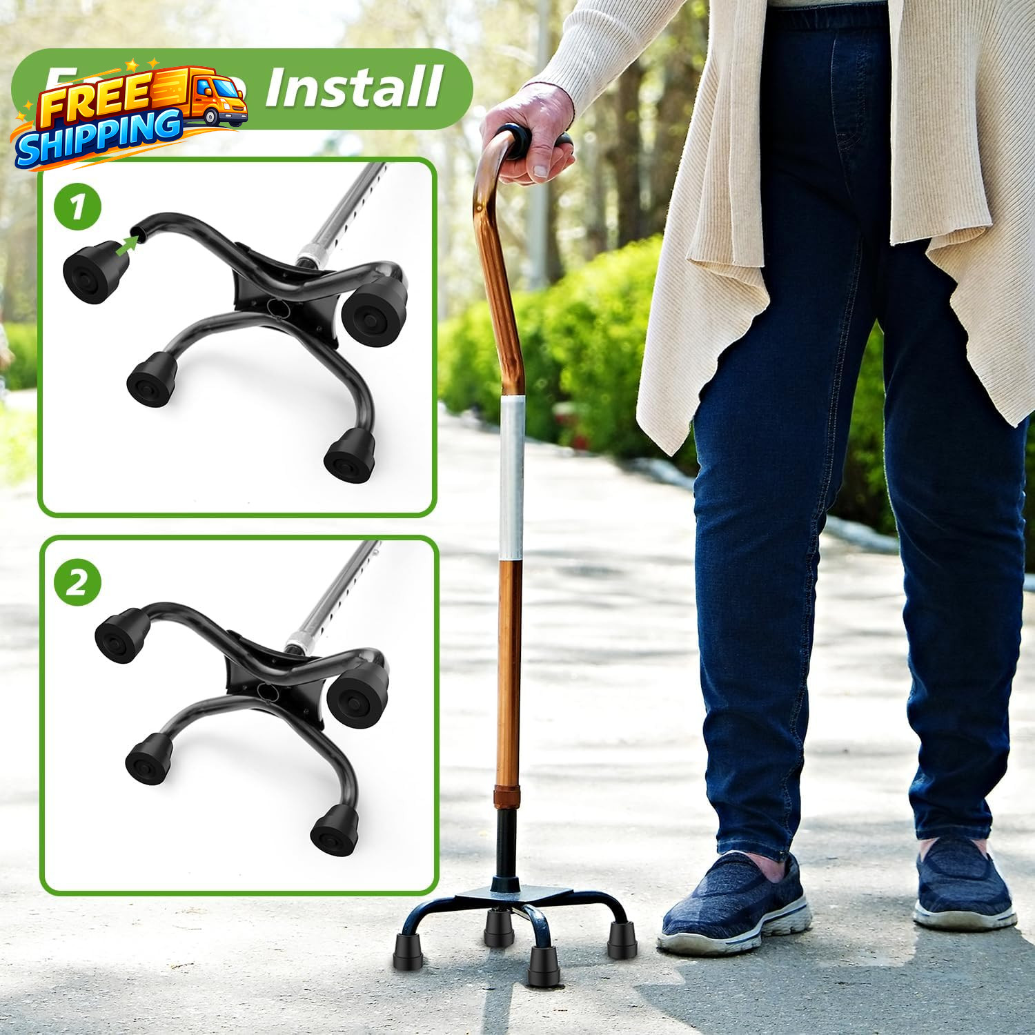 Quad Cane Tip (8 Pack), Non-Slip Durable Rubber Cane Tip 1/2 Inch Replacement Ru