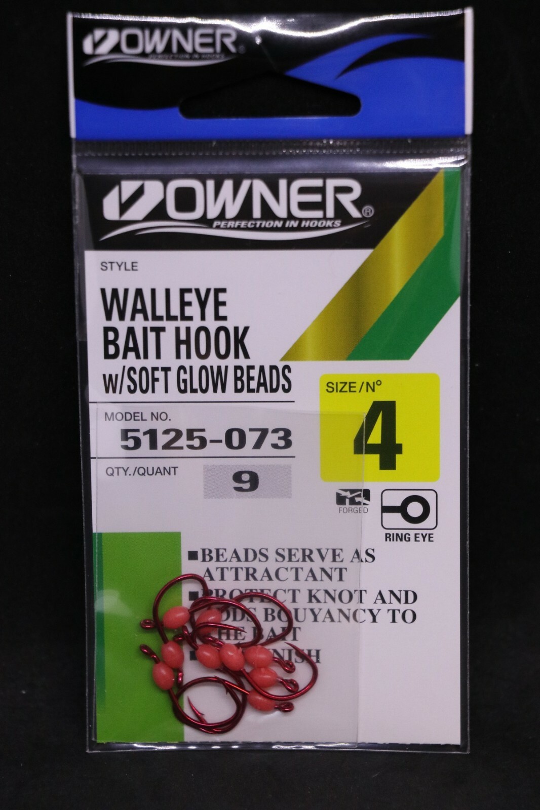 Owner Walleye Bait Hook with Soft Glow Beads - Red - Size 4 - Pack of 9