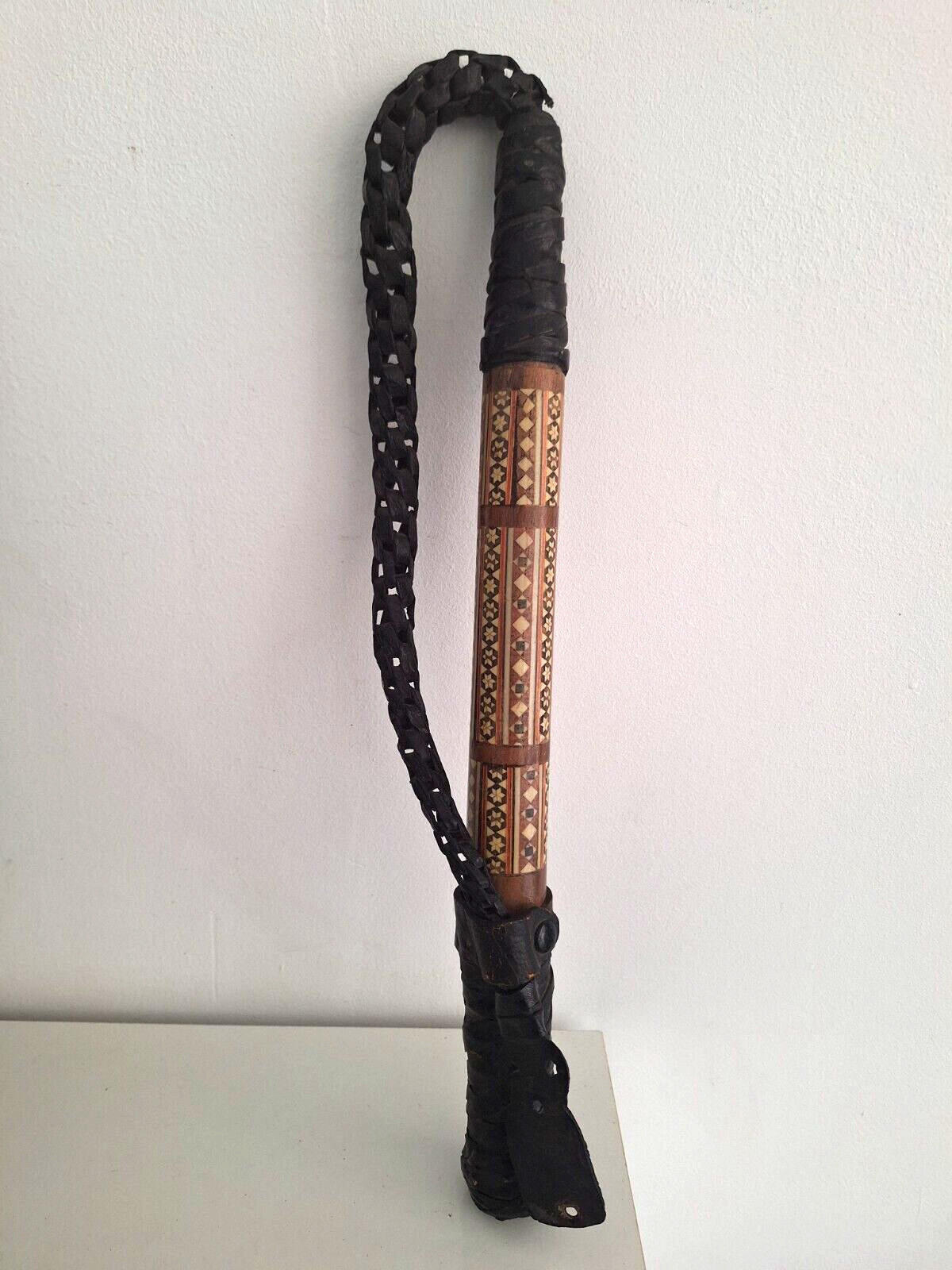 Antique equestrian whip, wooden marquetry and leather. for animals horses camels