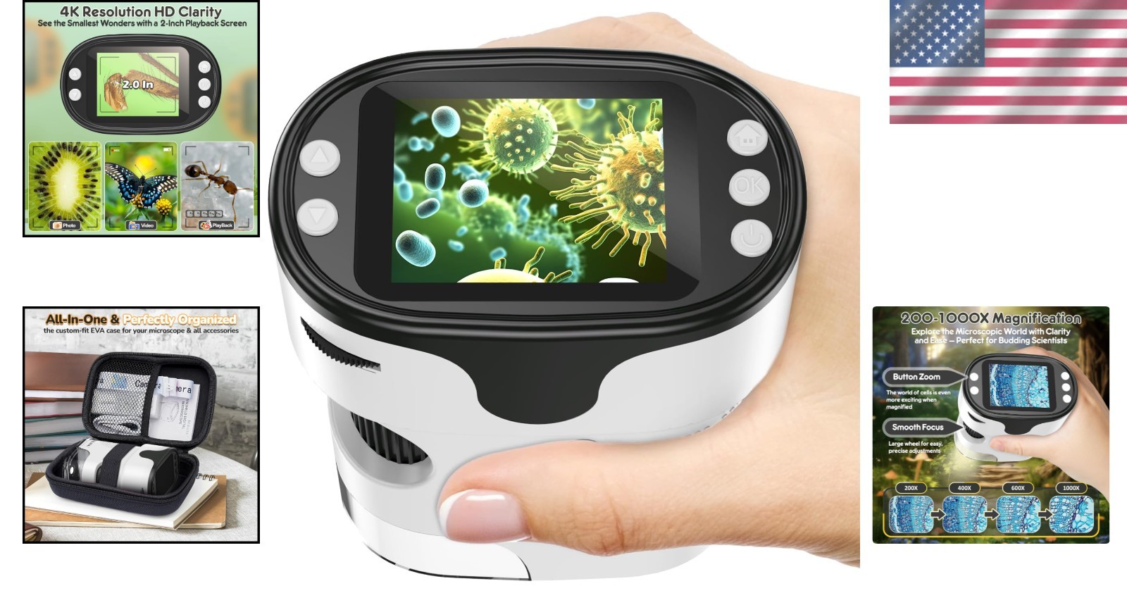 Portable 1000X Digital Microscope Kids 4K 2" Screen Rechargeable w/Slides Gift