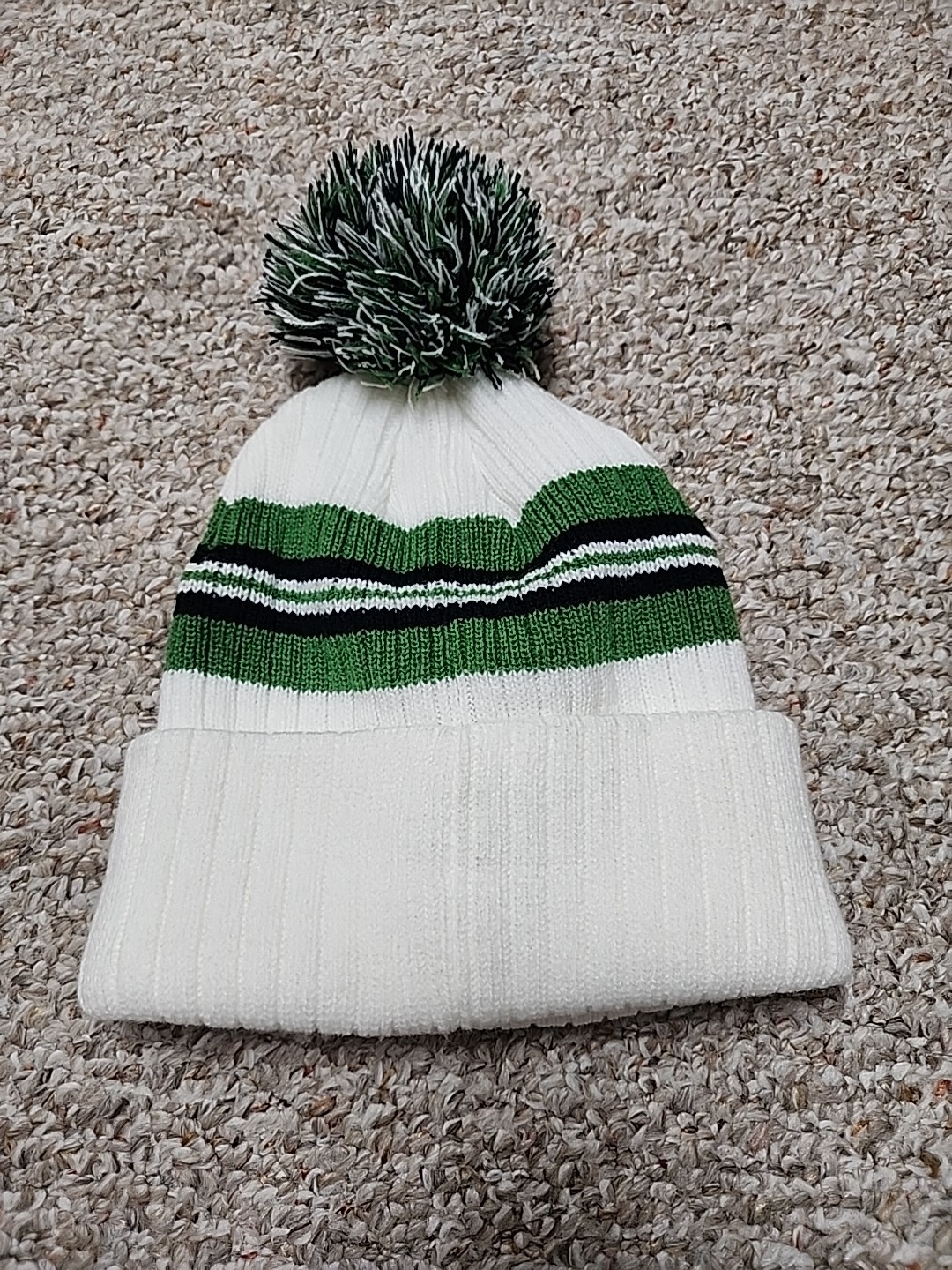 John Deere Cream Green Pom Stripped Beanie One Size
