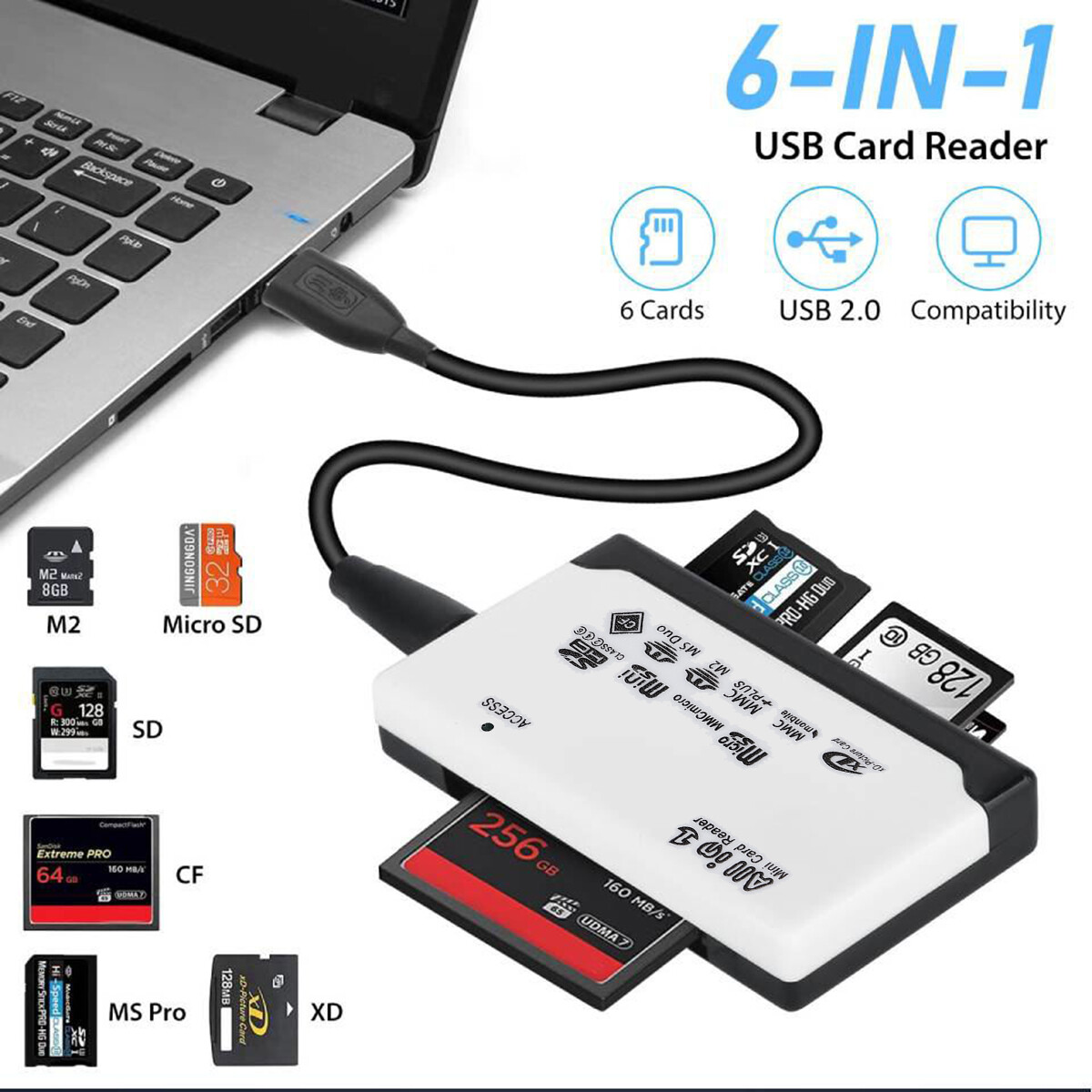 Memory Card Reader Multifunction 6-IN-1 USB 2.0 High Speed For CF XD SD MS Card